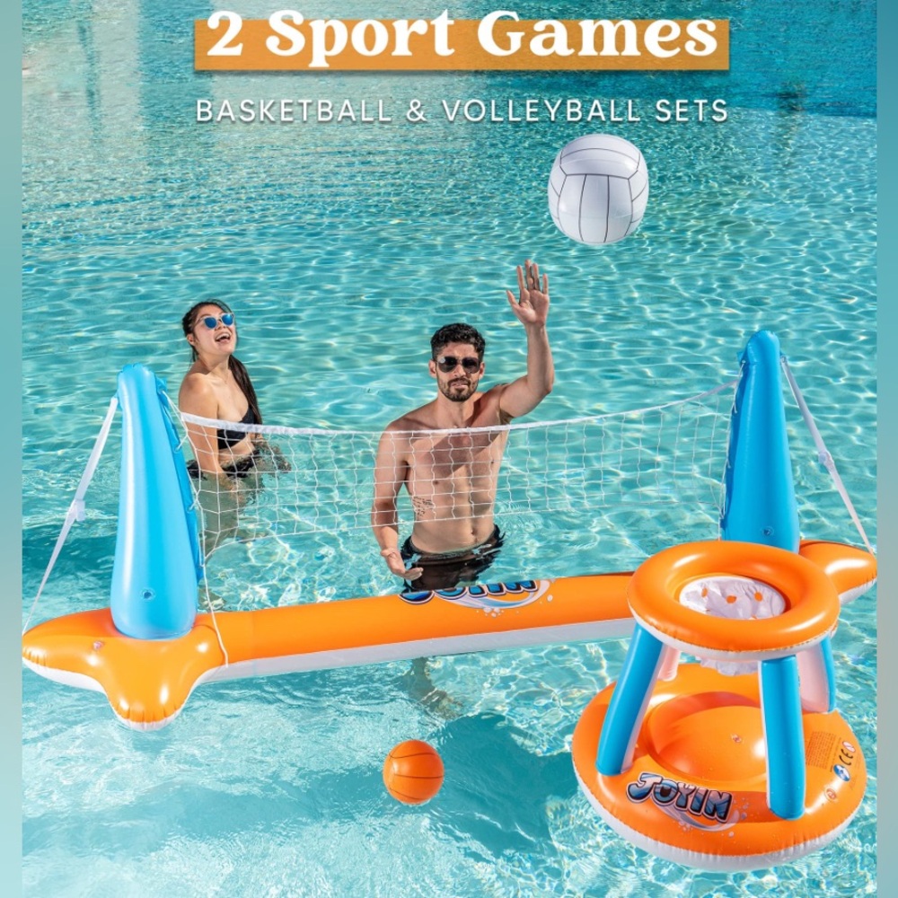 {NWT} Inflatable Pool Float Set Volleyball Net & Basketball Hoops